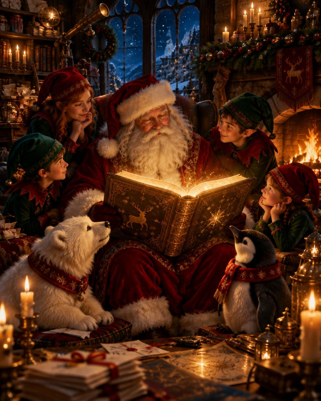 Santa leyendo cartas con duendes, un oso polar y un pingüino
